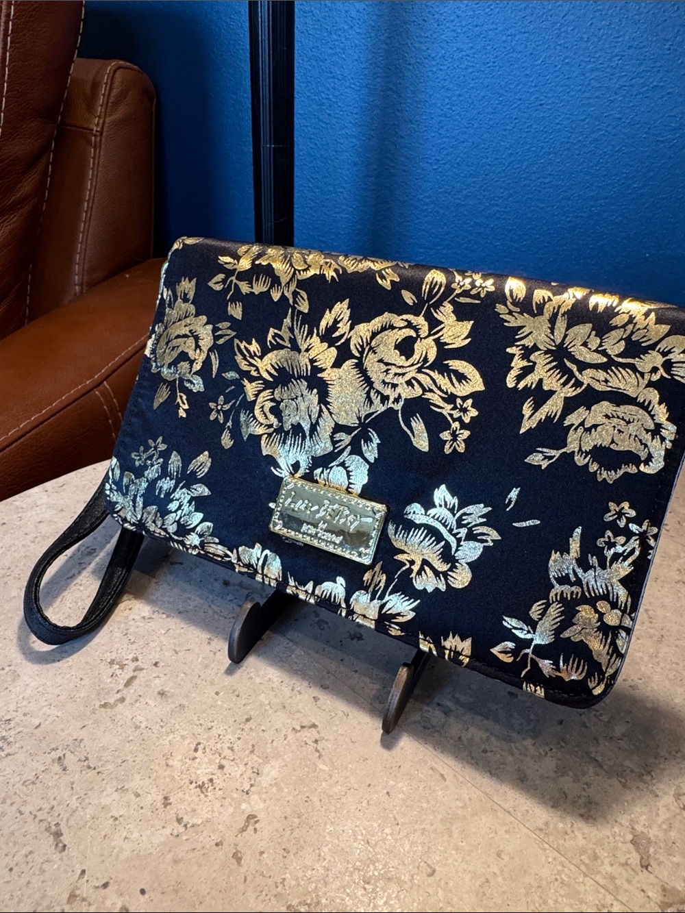 Betsey Johnson Black and Gold Floral Wristlet Clutch